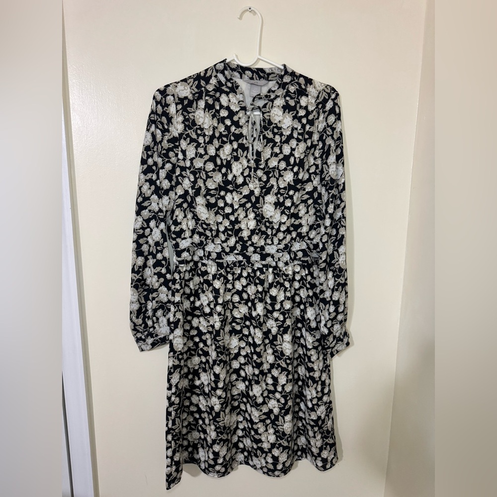 H&M Black and Cream Floral Long Sleeve Dress
